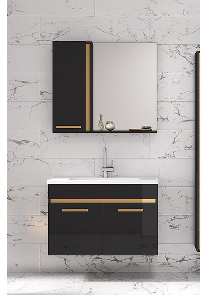 Yeni Gold Siyah 65 cm Aynalı, Seramik Lavabolu Banyo Dolabı Takımı modelleri