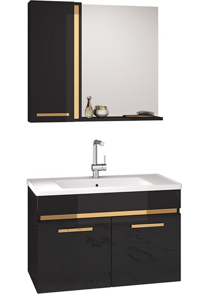 Yeni Gold Siyah 65 cm Aynalı, Seramik Lavabolu Banyo Dolabı Takımı fırsatları