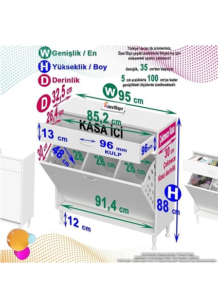Emir 95X88X32,5 cm 3 Göz Sepetli Kirli Çamaşır Pratik Düzenleyici Dolap fırsatları