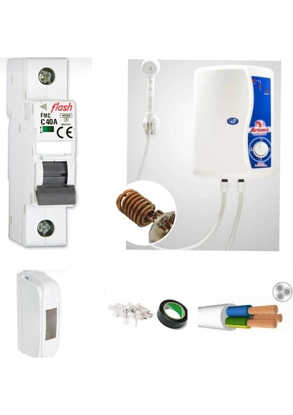 Bakır Rezistanslı Elektrikli Şofben 3mt Kablolu Tam Takım Orijinal Set