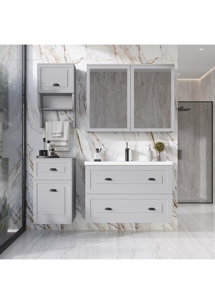 Gündüz 80 cm Mdf Banyo Dolabı Seti ve Boy Dolabı Sis Gri