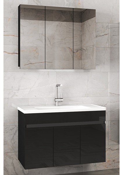 Siyah 100 cm Mdf-Aynalı Seramik Lavabolu Banyo Dolabı Takımı