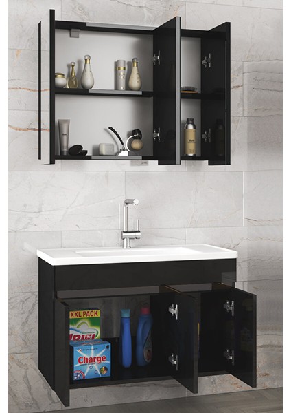 Siyah 100 cm Mdf-Aynalı Seramik Lavabolu Banyo Dolabı Takımı fiyatları