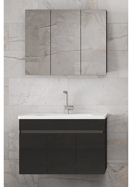 Siyah 100 cm Mdf-Aynalı Seramik Lavabolu Banyo Dolabı Takımı modelleri