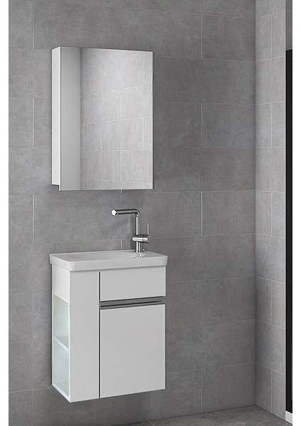 Miniço-Raflı Ebeveyn 50 cm x 32 cm Ayna Dolaplı Lavabolu Mdf Banyo Dolabı Seti