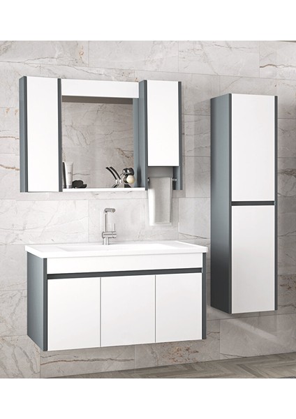 Estella 100+35 (135 ) cm Mdf-Boy Dolaplı Aynalı Seramik Lavabolu Banyo Dolabı Takımı