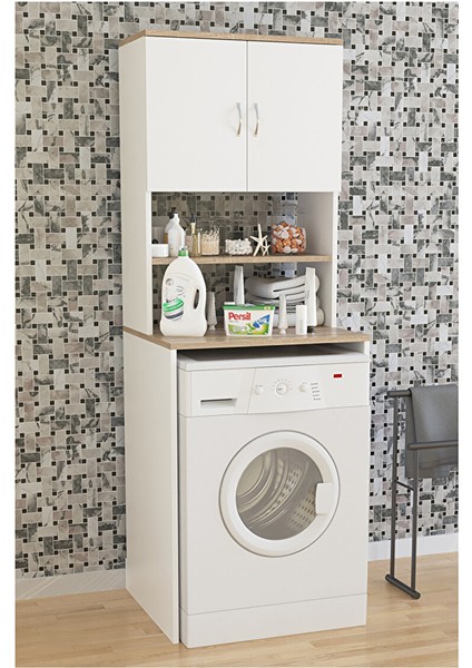 AE-2042 Solo Çamaşır Makinesi Dolabı, Banyo Dolabı, 4 Raflı, Kapaklı, Beyaz Dolap