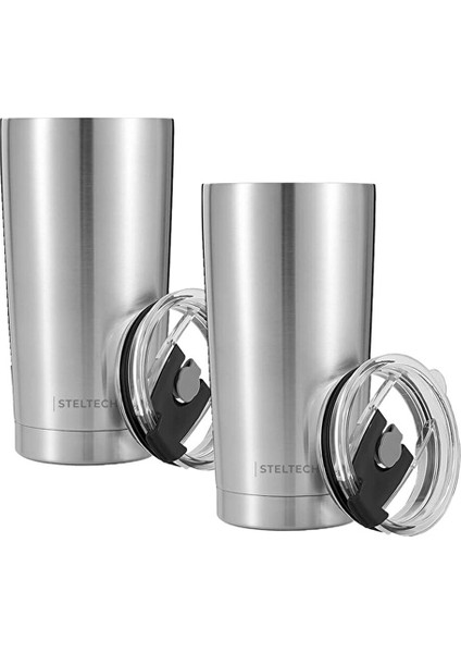 2li Termos Mug Seti 600 ml - 20OZ Sıcak & Soğuk Içecekler Için Çelik Pipetli Sürgülü Kapaklı ve Temizleme Fırçalı