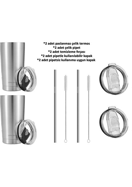 2li Termos Mug Seti 600 ml - 20OZ Sıcak & Soğuk Içecekler Için Çelik Pipetli Sürgülü Kapaklı ve Temizleme Fırçalı fiyatları