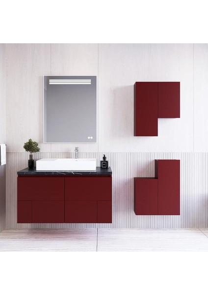 Londra 90 cm Lake Banyo Dolabı Seti ve Boy Dolabı Bordo