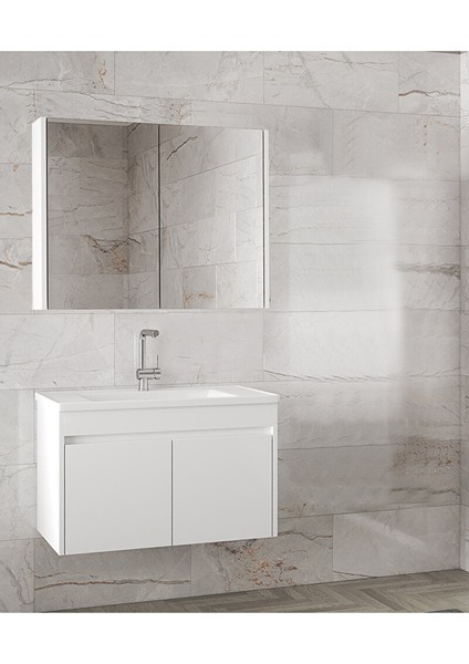 Estella-Ea Beyaz 80 cm Mdf-Ayna Dolaplı, Seramik Lavabolu Banyo Dolabı Takımı
