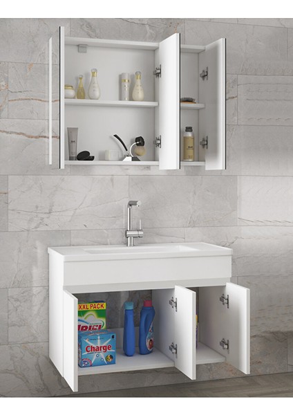 Beyaz 100 cm Mdf-Aynalı Seramik Lavabolu Banyo Dolabı Takımı fiyatları