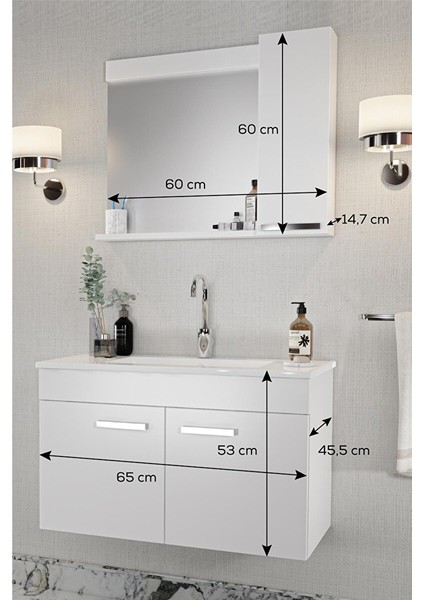 Banyo Defne 02 65CM Banyo Dolabı Aynalı Dolaplı Üst Dolap Lavabo modelleri