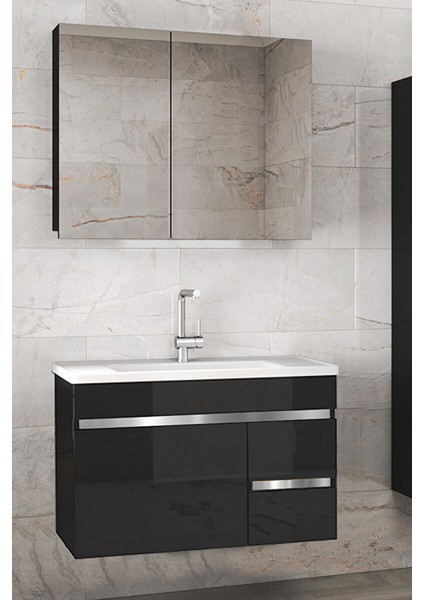 Viosen-Ea Siyah-Gri 80 cm Çekmeceli Mdf-Aynalı Lavabolu Banyo Dolabı Takımı