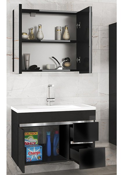 Viosen-Ea Siyah-Gri 80 cm Çekmeceli Mdf-Aynalı Lavabolu Banyo Dolabı Takımı fiyatları