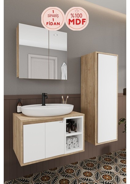 Lale Beyaz 80 cm %100 Mdf Lavabolu Banyo Dolabı + Aynalı Dolap+ Boy Dolabı