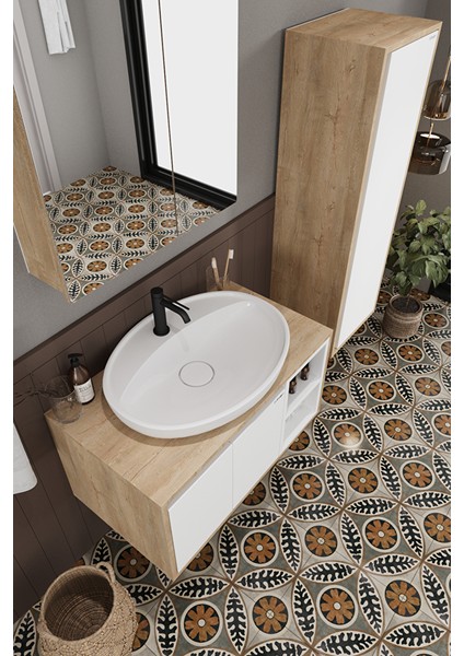 Lale Beyaz 80 cm %100 Mdf Lavabolu Banyo Dolabı + Aynalı Dolap+ Boy Dolabı fiyatları