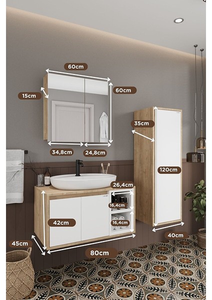 Lale Beyaz 80 cm %100 Mdf Lavabolu Banyo Dolabı + Aynalı Dolap+ Boy Dolabı modelleri