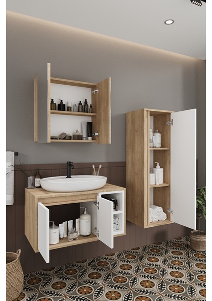 Lale Beyaz 80 cm %100 Mdf Lavabolu Banyo Dolabı + Aynalı Dolap+ Boy Dolabı fırsatları