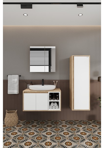 Lale Beyaz 80 cm %100 Mdf Lavabolu Banyo Dolabı + Aynalı Dolap+ Boy Dolabı indirimleri