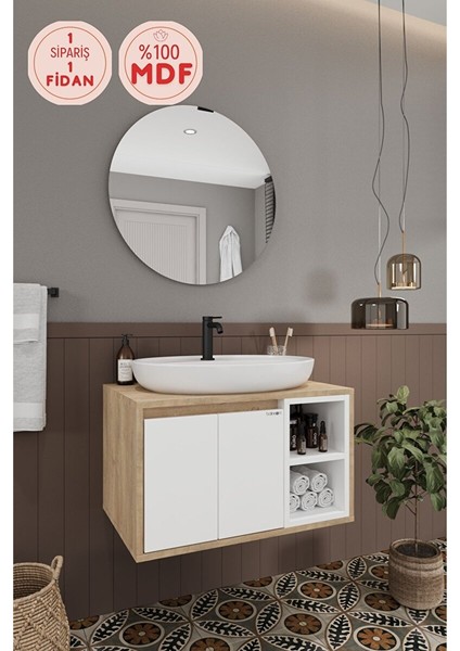 Banyo Gül Beyaz 70 cm Banyo Dolabı Ayna Lavabo