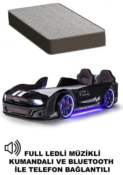 Siyah Arabalı Yatak Kapıları Açılan Mustang Full Ledli Kumandalı ve Müzikli + Ortopedik Yatak