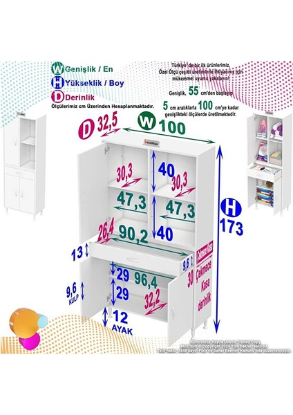 Afra 100X173X32,5 cm 1 Çekmece 3 Kapak 3 Raf 6 Bölme Çok Amaçlı Banyo & Mutfak Dolabı