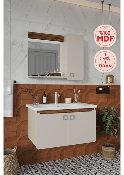 Banyo Selvi 80 cm Demonte Banyo Dolabı Aynalı Dolaplı Üst Dolap Lavabo