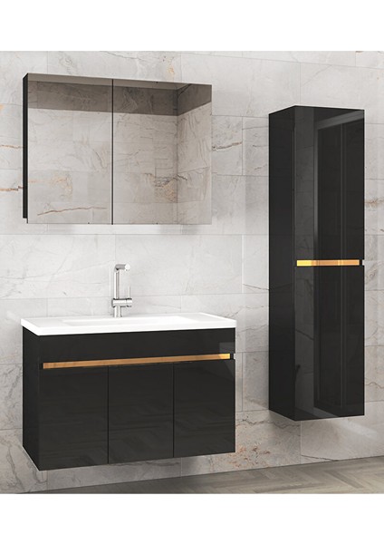3s-Siyah 80+35 cm Mdf-Aynalı Seramik Lavabolu Ayna Dolaplı Banyo Dolabı Takımı