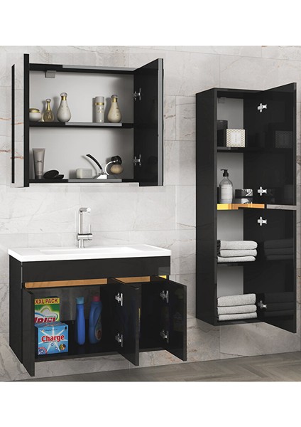 3s-Siyah 80+35 cm Mdf-Aynalı Seramik Lavabolu Ayna Dolaplı Banyo Dolabı Takımı fiyatları
