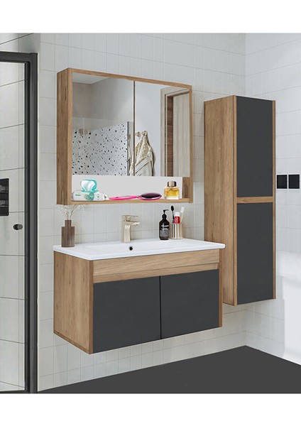 Serena Ea 80 cm Seramik Lavabolu Banyo Dolabı Seti, Boy Dolaplı, Mdf, 80+35 Cm-Saf-Ant