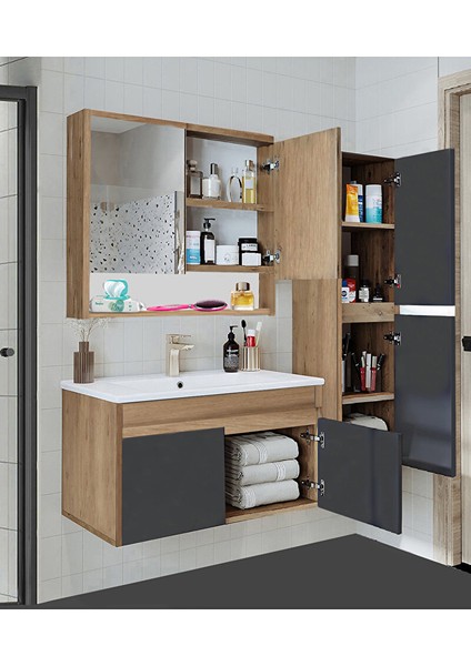 Serena Ea 80 cm Seramik Lavabolu Banyo Dolabı Seti, Boy Dolaplı, Mdf, 80+35 Cm-Saf-Ant fiyatları