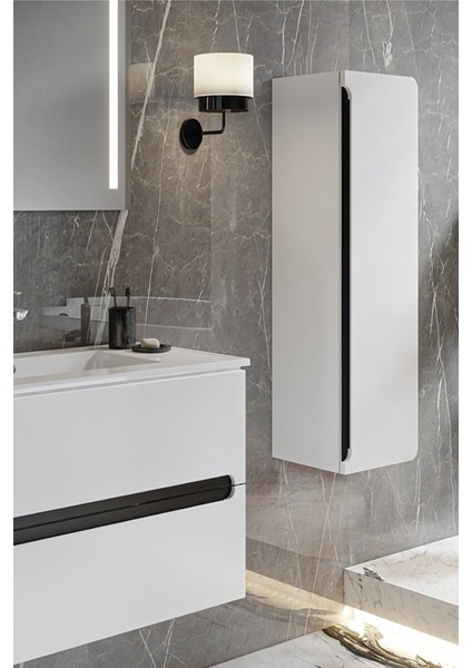 Banyo Kadife Beyaz Parlak High Gloss Demonte 80 cm Banyo Dolabı Ledli Aynalı Üst Dolap ve Boy Dolabı