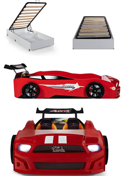 Kırmızı Bazalı Arabalı Yatak Sport Mustang Işıklı