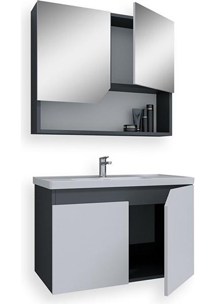 Napoli 80 cm Mdf Banyo Dolabı Seti Antrasit Beyaz
