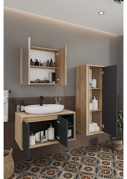 Lale 70 cm Set %100 Mdf Lavabolu Banyo Dolabı + Aynalı Dolap + Boy Dolabı indirimleri