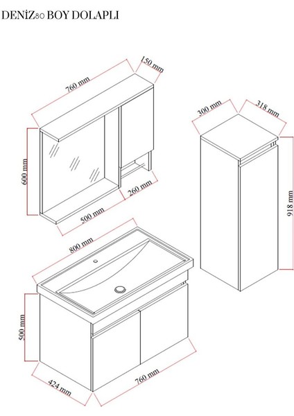 Deniz 80 cm Lavabolu, Aynalı Banyo Dolabı, Lavabo Dahil, Boy Dolabı Dahil, Beyaz