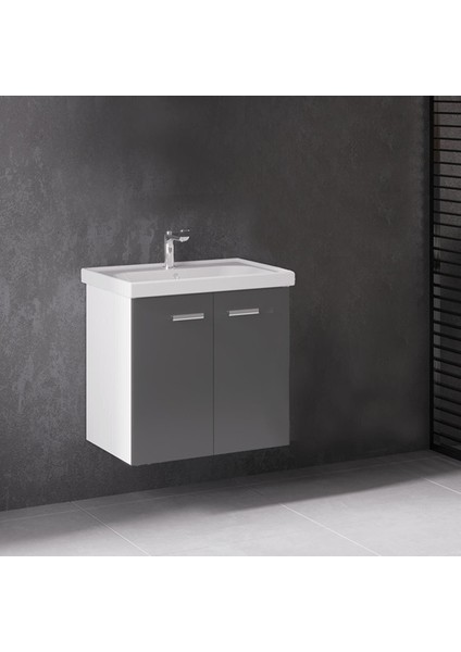 Denko Terra 65 cm Mdf Antrasit Gri Banyo Dolabı Alt Modül, Lavabo
