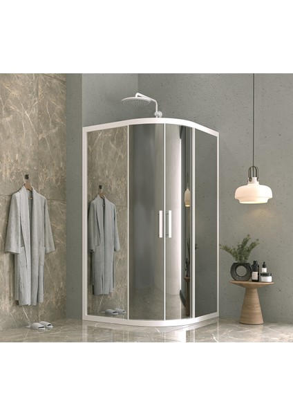 80 x 80 Oval Aynalı Reflekte Cam Kabin 2 Sabit 2 Sürgü Beyaz Profil 6mm 80X80 cm