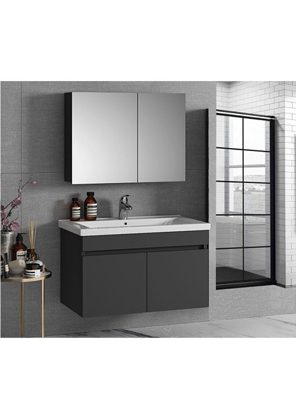 Antrasit 65 cm Seramik Lavabolu Banyo Dolabı Takımı-Mdf