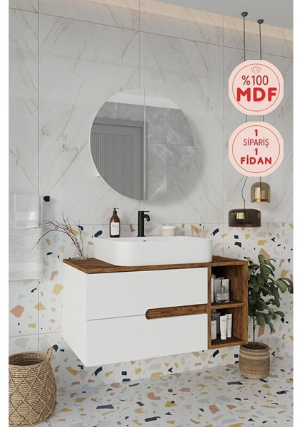 Banyo Koza Demonte 90 cm Beyaz Banyo Dolabı Aynalı Dolaplı Üst Dolap Raf ve Lavabo
