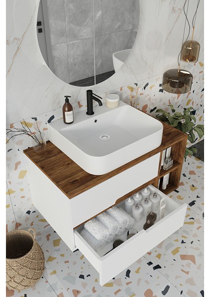 Banyo Koza Demonte 90 cm Beyaz Banyo Dolabı Aynalı Dolaplı Üst Dolap Raf ve Lavabo fiyatları
