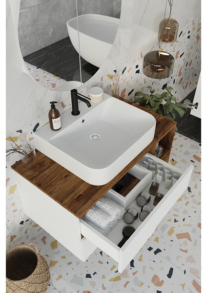 Banyo Koza Demonte 90 cm Beyaz Banyo Dolabı Aynalı Dolaplı Üst Dolap Raf ve Lavabo modelleri