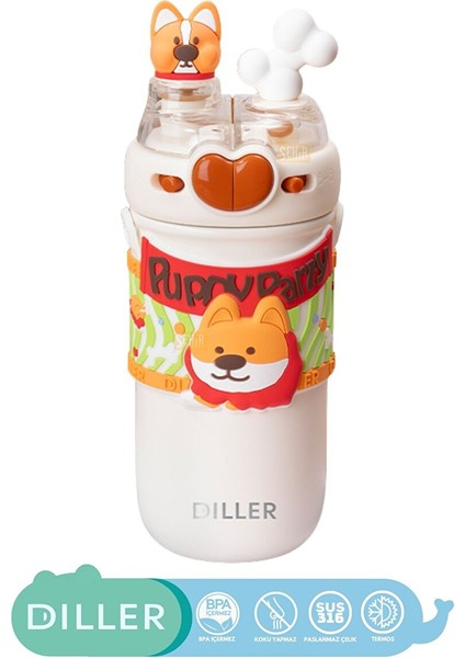 Diller 520ML Yeni Koleksiyon Sevimli Hayvanlar Süslü Pipetli/pipetsiz Boyun Askılı Paslanmaz Çelik Termos Puppy Party