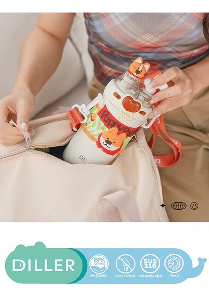 Diller 520ML Yeni Koleksiyon Sevimli Hayvanlar Süslü Pipetli/pipetsiz Boyun Askılı Paslanmaz Çelik Termos Puppy Party modelleri