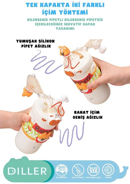 Diller 520ML Yeni Koleksiyon Sevimli Hayvanlar Süslü Pipetli/pipetsiz Boyun Askılı Paslanmaz Çelik Termos Puppy Party fırsatları