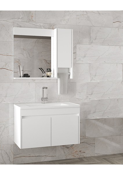 Estella-Oa Beyaz 80 cm Mdf-Ayna Dolaplı-Seramik Lavabolu Banyo Dolabı Takımı