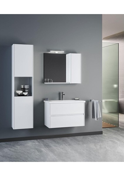 Düden 80 cm Mdf Çekmeceli Beyaz Banyo Dolabı Takımı ve Boy Dolabı