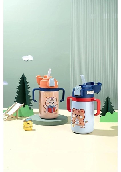 Rovco 400ML Silikon Pipetli Sevimli Ayıcıklı Boyun Askılı Bebek Kulplu Paslanmaz Çelik Termos Lacivert indirimleri