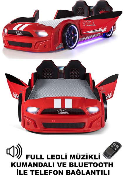 Kırmızı Arabalı Yatak Kapıları Açılan Mustang Full Ledli Kumandalı ve Müzikli